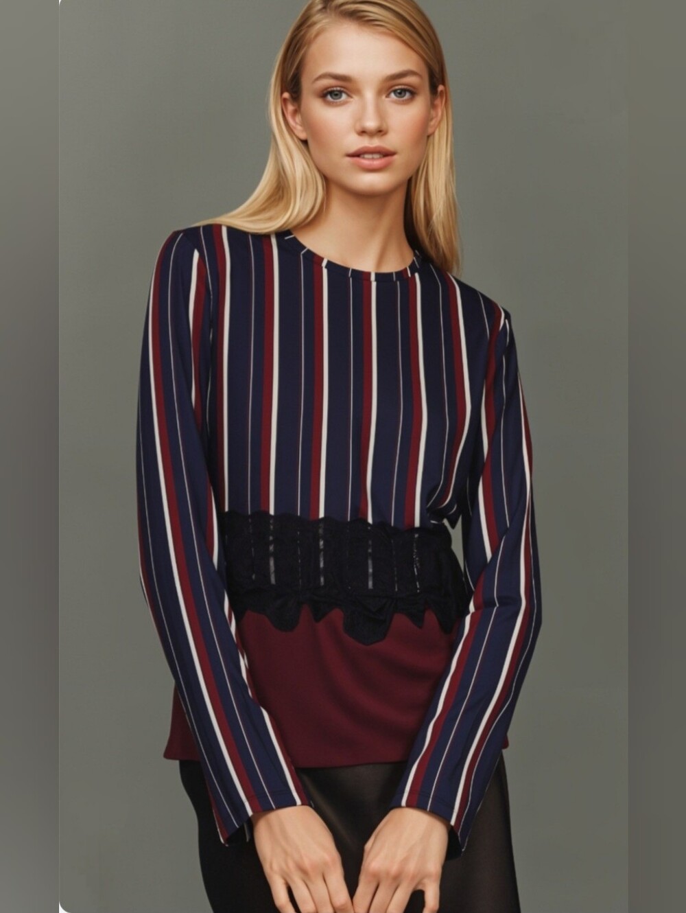 NWT Zara W&B Burgundy & Navy Striped Lace-Waist Top